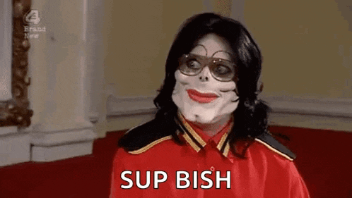 a man in a michael jackson costume is wearing a mask and sunglasses and says `` sup tish '' .