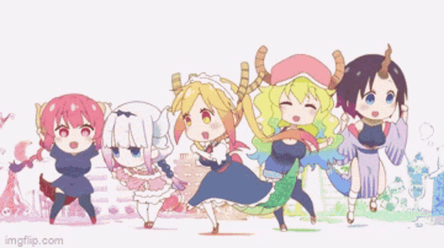 a group of anime girls are dancing together in a row .