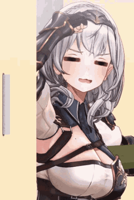 a girl with gray hair is standing in front of a door with her hand on her head