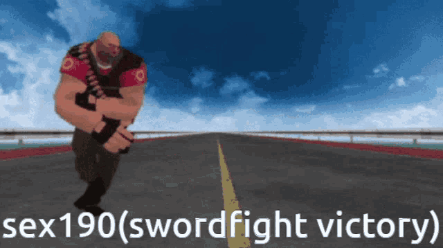 a cartoon character is running down a road with the words sex 190 ( swordfight victory )