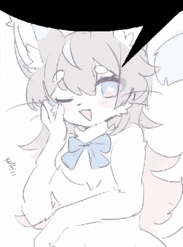 a drawing of a white furry girl with a blue bow on her neck