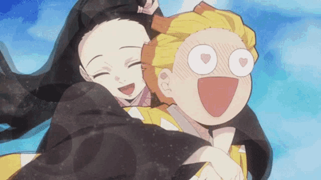 a man is carrying a girl on his back with hearts on his eyes