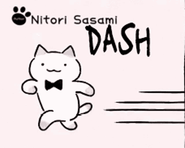 a drawing of a cat wearing a bow tie and dash written on the bottom