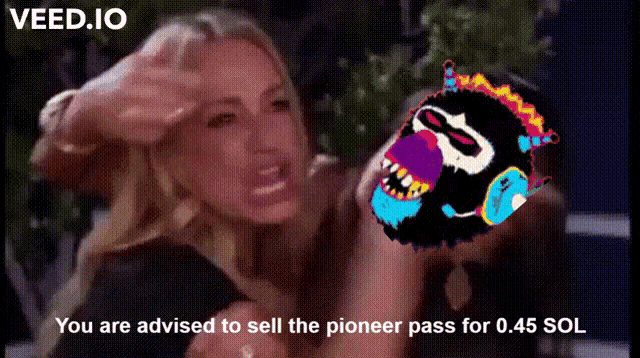a woman is holding a cartoon monkey with the words " you are advised to sell the pioneer pass for 0.45 sol " below her