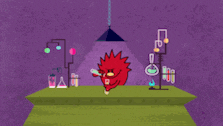 a cartoon of a hedgehog sitting on a table with a purple background