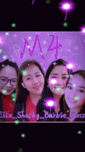 a group of four women are posing for a picture with a purple background that says my4