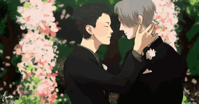 a drawing of a man in a suit kissing another man with flowers in the background and the name jana on the bottom left