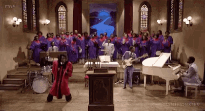 a man in a red robe is dancing in front of a choir and a piano in a church .