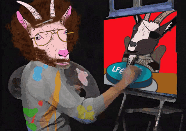 a man with a goat head is painting a picture of a goat with the word lfc on it