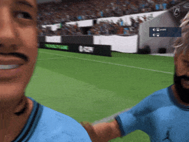 a man with a mustache and a beard is smiling while playing a video game