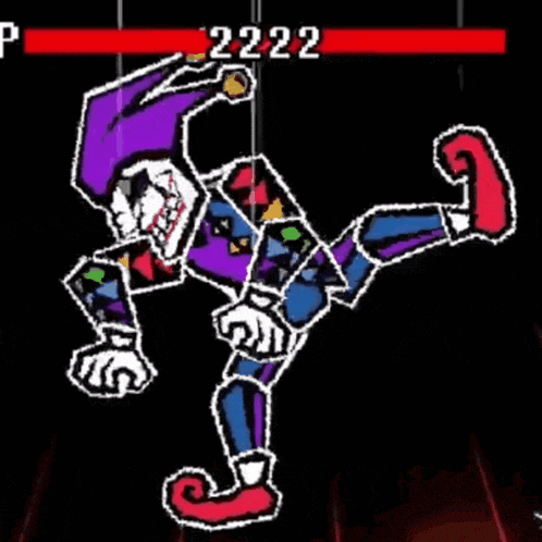 a cartoon of a jester with a purple hat and red shoes is standing on one leg in a video game .