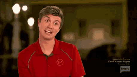 a man in a red shirt says hannah 's a cougar on bravo