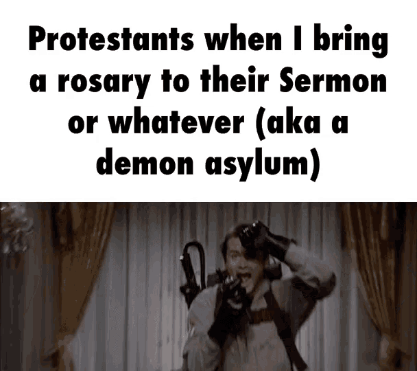 a man is holding a gun in front of a sign that says protestants when i bring a rosary