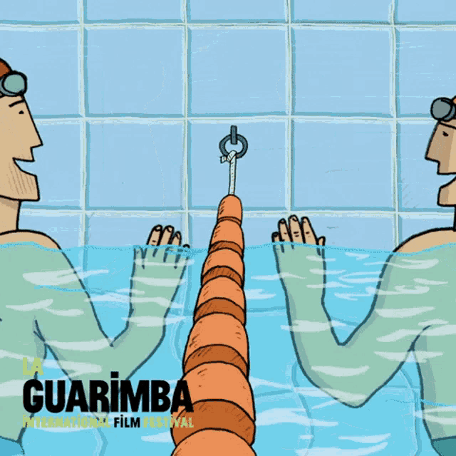 a poster for the guarimba international film festival shows two men in a swimming pool