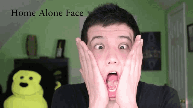 a man is making a surprised face with the words home alone face below him