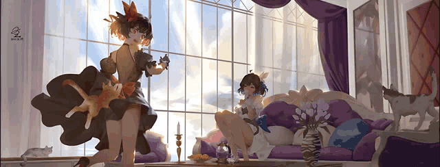 two anime girls are standing in front of a large window