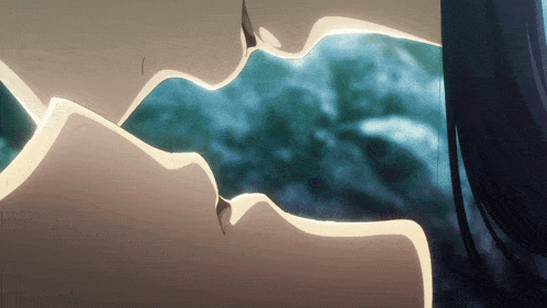 a close up of a couple kissing with a blue background