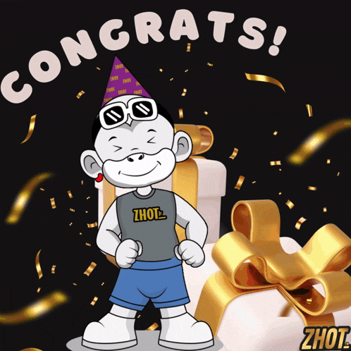 a cartoon character wearing a party hat and sunglasses says congrats on a black background