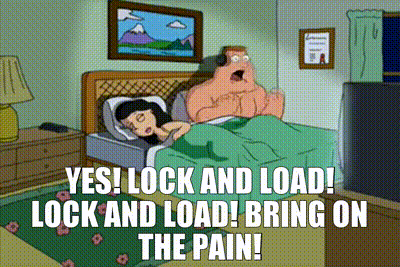 a cartoon of a man and woman in bed with the words " yes lock and load lock and load bring on the pain " below them