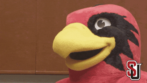 a red and black bird mascot with the letters sj on the bottom