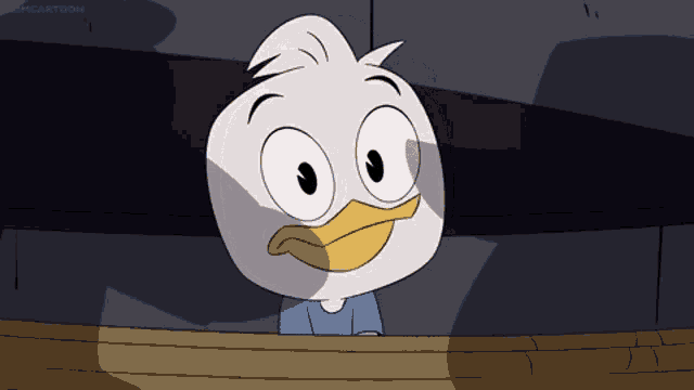 a cartoon duck with a yellow beak is looking out of a window