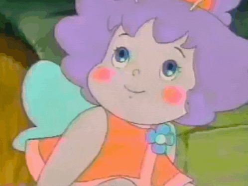a cartoon character with purple hair and blue wings