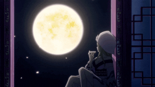 a woman sits in front of a full moon