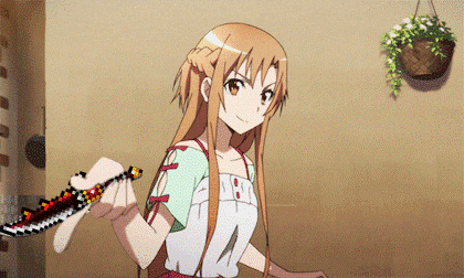 a girl in an apron is holding a sword in her left hand