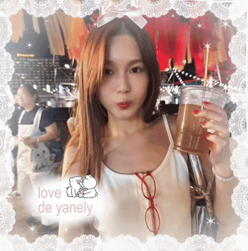 a picture of a woman holding a cup with the words love de yanely written on it