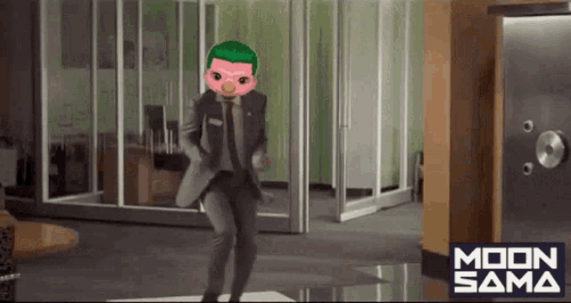 a man in a suit and tie is dancing in a room with a moon sama logo