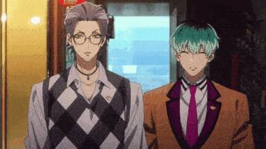 two anime characters are standing next to each other and one has glasses