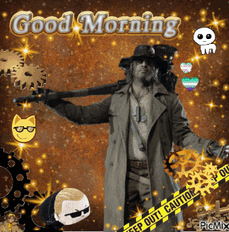 a man in a trench coat is holding a gun and the words good morning are on the bottom