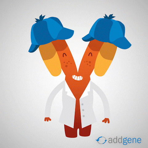 a cartoon character is wearing a lab coat and a blue hat with addgene written on the bottom