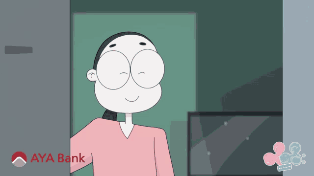 a cartoon of a woman standing in front of a sign that says " aya bank "