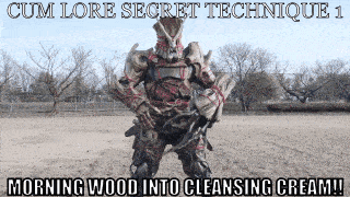 a picture of a monster with a caption that says cum lore secret technique 1 morning wood into cleansing cream