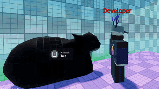 a black cat is sitting next to a person with developer written on the top