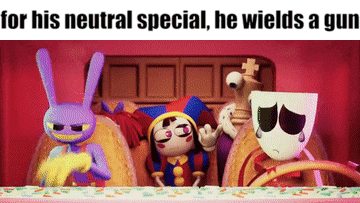 a group of cartoon characters are sitting around a table with a caption that says for his neutral special he wields a gun
