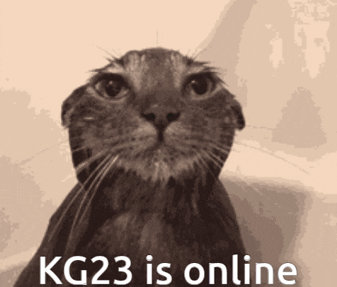 a black and white photo of a cat with the words kg23 is online above it