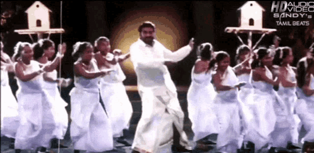 a group of people are dancing in front of a sign that says hd audio video
