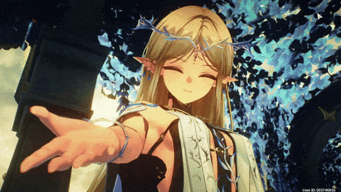 a girl with a crown on her head is reaching out her hand in a video game