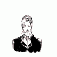 a black and white drawing of a man in a suit covering his face with his hand .
