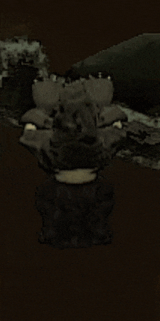 a cartoon drawing of a monster with big teeth standing in the dark