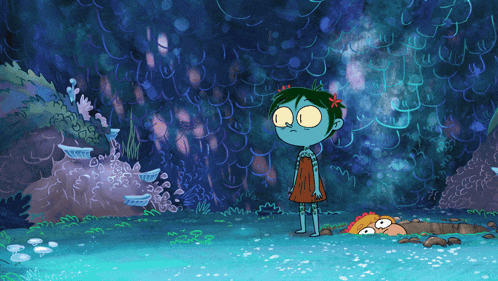 a cartoon of a girl with a flower in her hair standing in a cave