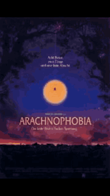 a movie poster for arachnophobia shows a spider hanging from a string