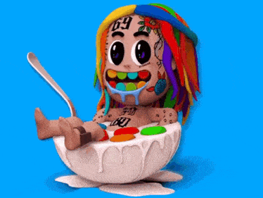 a cartoon character with the number 69 on his face is sitting in a bowl of cereal