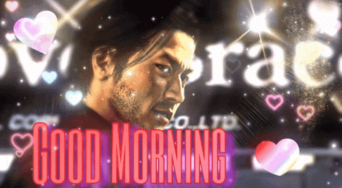 a man with a beard is surrounded by hearts and says good morning