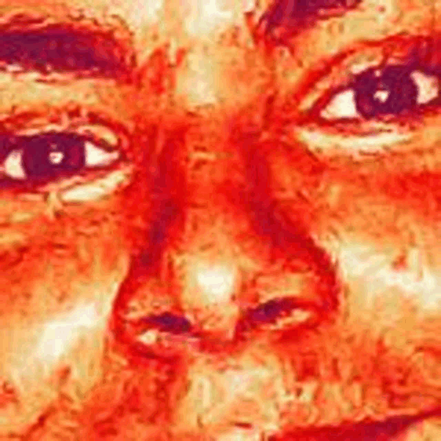 a close up of a person 's face in a painting with a red background .