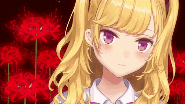 a girl with blonde hair and purple eyes stands in front of a bunch of red flowers
