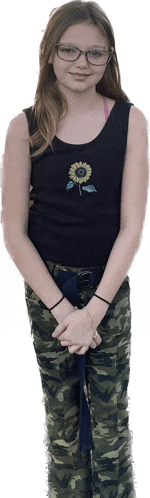 a girl wearing glasses and a black tank top with a sunflower embroidered on it