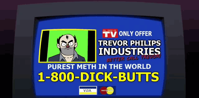an advertisement for trevor philips industries shows a man on the screen